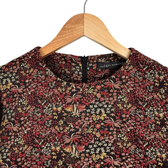 Zara Woman Shift Dress S Textured Floral Short Sleeve Structured Career Tapestry - Picture 5 of 15